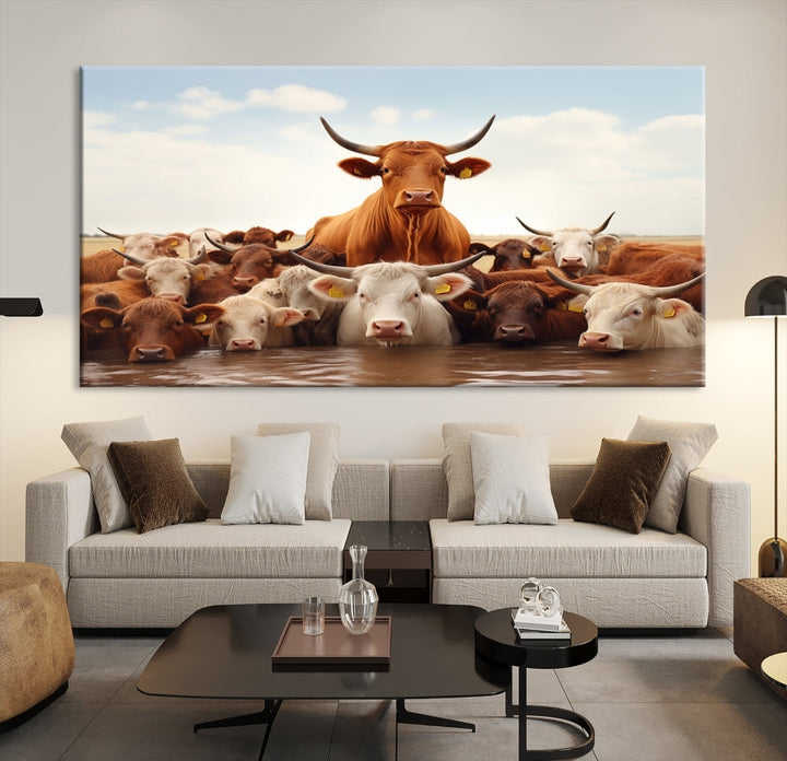 Cows in the River Funny Animal Wall Art Cow Canvas Print Farm House Wall Decor