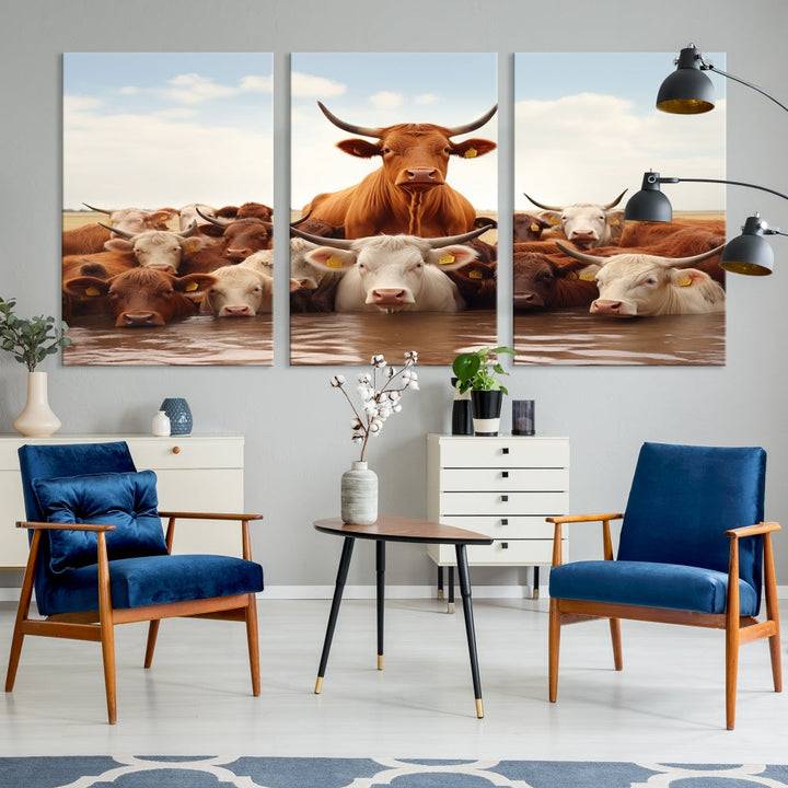 Cows in the River Funny Animal Wall Art Cow Canvas Print Farm House Wall Decor