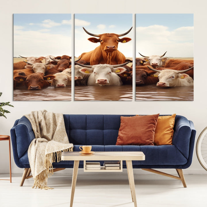 Cows in the River Funny Animal Wall Art Cow Canvas Print Farm House Wall Decor