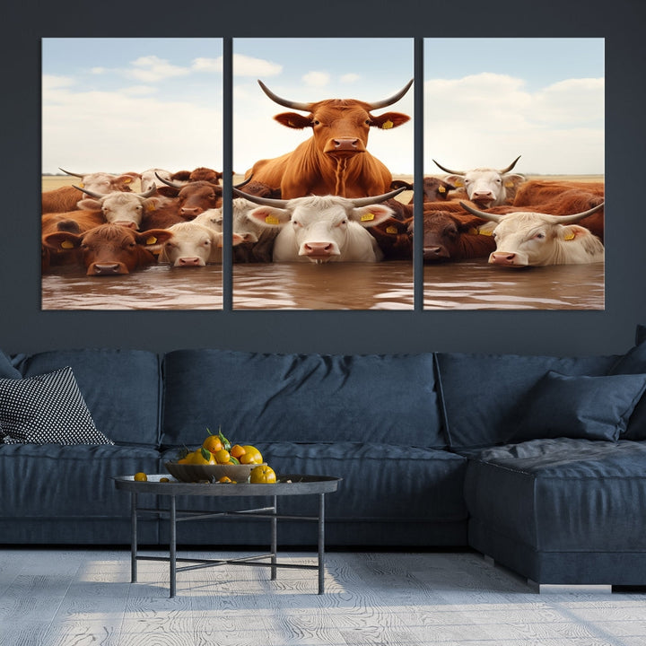 Cows in the River Funny Animal Wall Art Cow Canvas Print Farm House Wall Decor