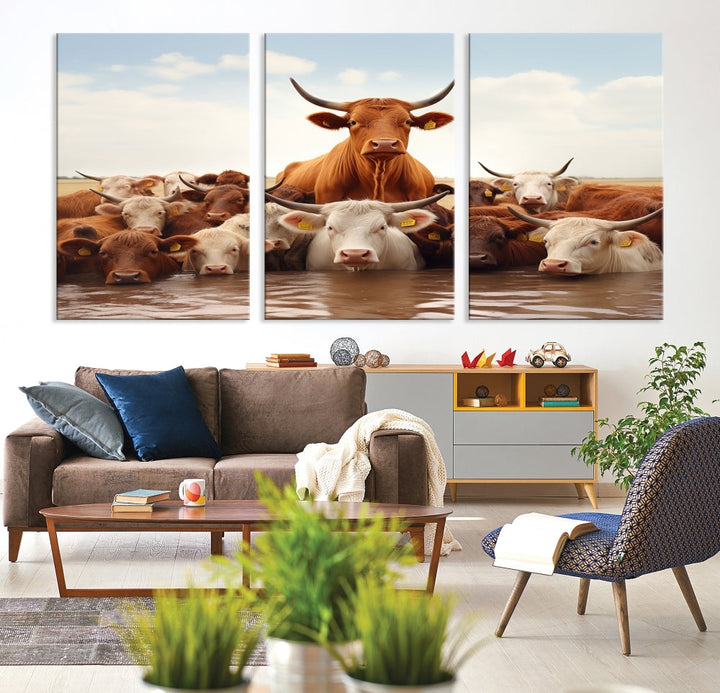 Cows in the River Funny Animal Wall Art Cow Canvas Print Farm House Wall Decor