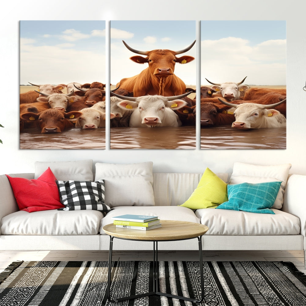 Cows in the River Funny Animal Wall Art Cow Canvas Print Farm House Wall Decor