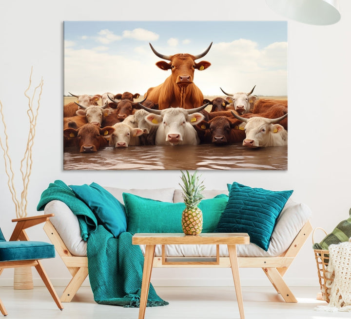 Cows in the River Funny Animal Wall Art Cow Canvas Print Farm House Wall Decor