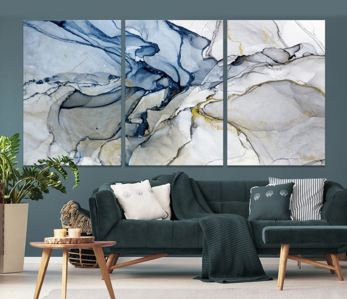 Create a Serene & Stylish Atmosphere with Our Large Blue Fluid Abstract Canvas Wall Art PrintA Modern Masterpiece