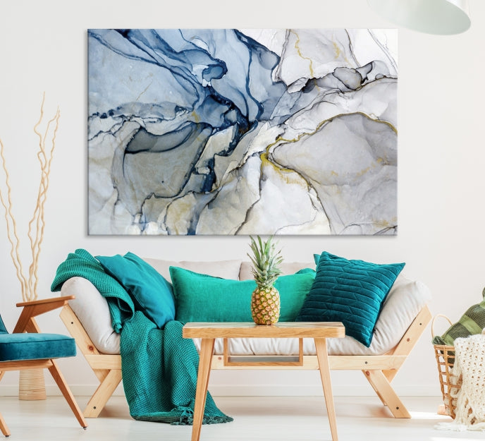 Create a Serene & Stylish Atmosphere with Our Large Blue Fluid Abstract Canvas Wall Art PrintA Modern Masterpiece