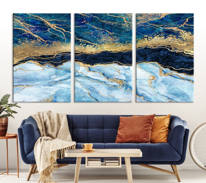 Create a Stunning & Unique Feature Wall with Our Large Blue Fluid Effect Abstract Marble Canvas Wall Art Prints