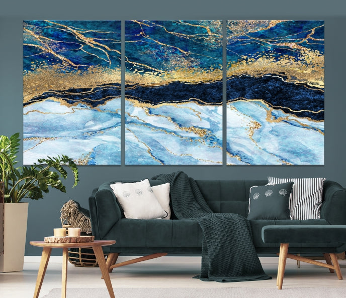 Create a Stunning & Unique Feature Wall with Our Large Blue Fluid Effect Abstract Marble Canvas Wall Art Prints