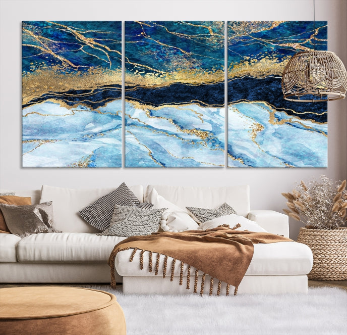 Create a Stunning & Unique Feature Wall with Our Large Blue Fluid Effect Abstract Marble Canvas Wall Art Prints