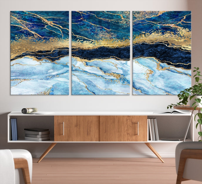 Create a Stunning & Unique Feature Wall with Our Large Blue Fluid Effect Abstract Marble Canvas Wall Art Prints