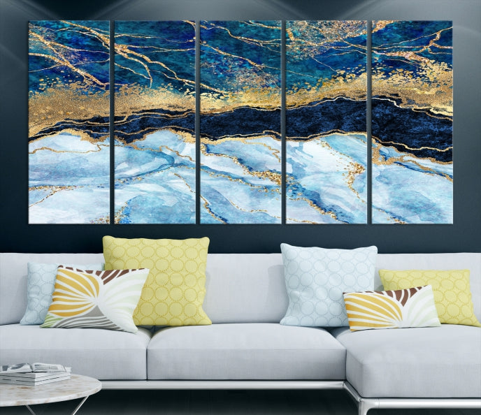 Create a Stunning & Unique Feature Wall with Our Large Blue Fluid Effect Abstract Marble Canvas Wall Art Prints