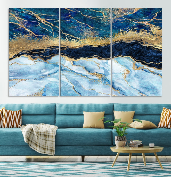 Create a Stunning & Unique Feature Wall with Our Large Blue Fluid Effect Abstract Marble Canvas Wall Art Prints