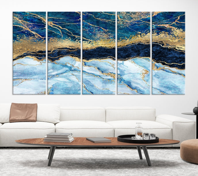 Create a Stunning & Unique Feature Wall with Our Large Blue Fluid Effect Abstract Marble Canvas Wall Art Prints