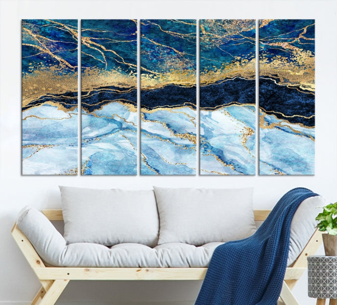 Create a Stunning & Unique Feature Wall with Our Large Blue Fluid Effect Abstract Marble Canvas Wall Art Prints