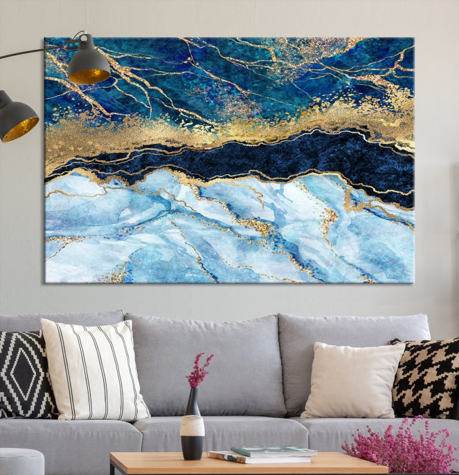 Create a Stunning & Unique Feature Wall with Our Large Blue Fluid Effect Abstract Marble Canvas Wall Art Prints