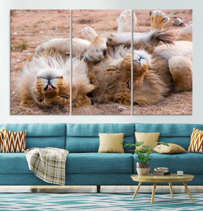 Cute Lions on Africa Savannah Framed Canvas Wall Art Giclee Print