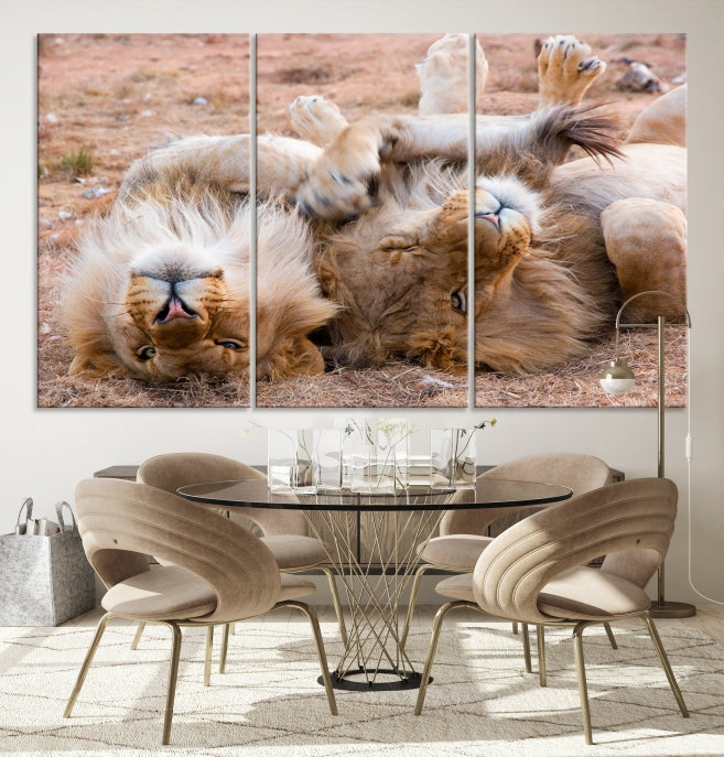 Cute Lions on Africa Savannah Framed Canvas Wall Art Giclee Print