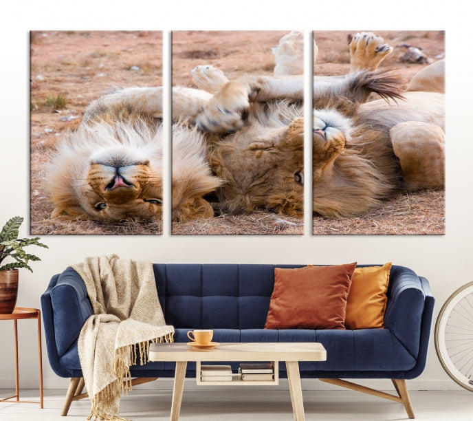 Cute Lions on Africa Savannah Framed Canvas Wall Art Giclee Print