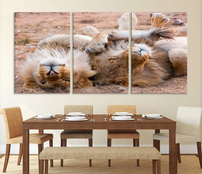 Cute Lions on Africa Savannah Framed Canvas Wall Art Giclee Print