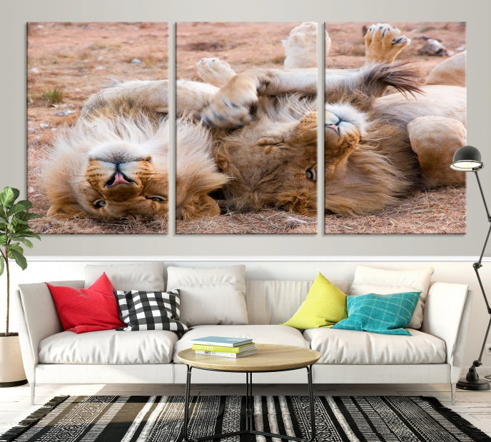 Cute Lions on Africa Savannah Framed Canvas Wall Art Giclee Print