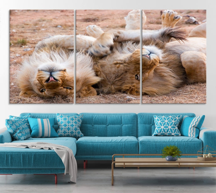 Cute Lions on Africa Savannah Framed Canvas Wall Art Giclee Print