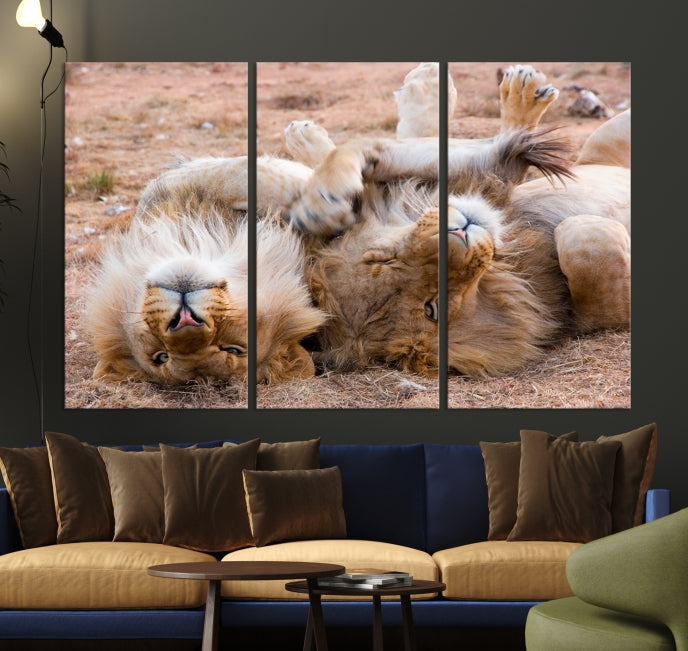 Cute Lions on Africa Savannah Framed Canvas Wall Art Giclee Print