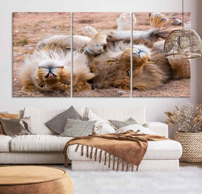 Cute Lions on Africa Savannah Framed Canvas Wall Art Giclee Print