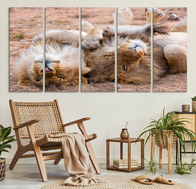 Cute Lions on Africa Savannah Framed Canvas Wall Art Giclee Print