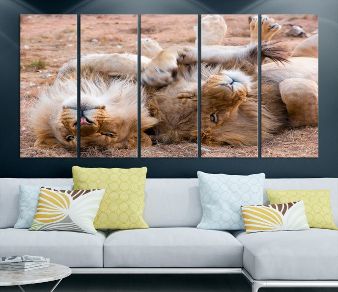 Cute Lions on Africa Savannah Framed Canvas Wall Art Giclee Print