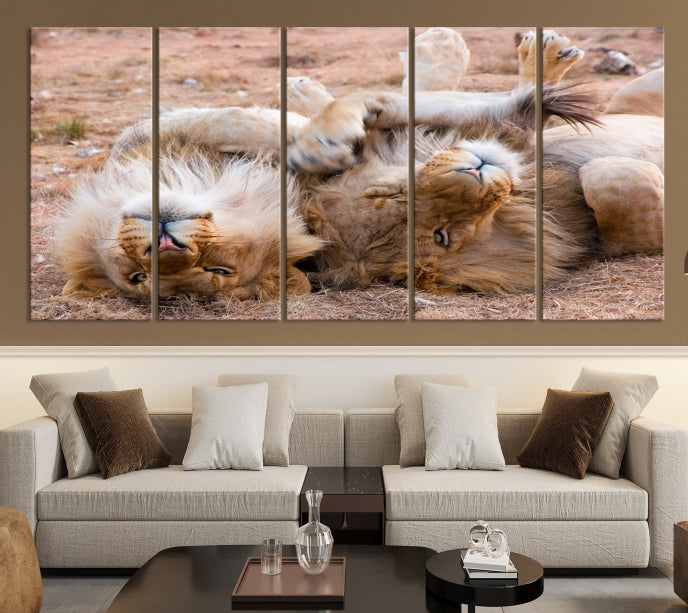 Cute Lions on Africa Savannah Framed Canvas Wall Art Giclee Print