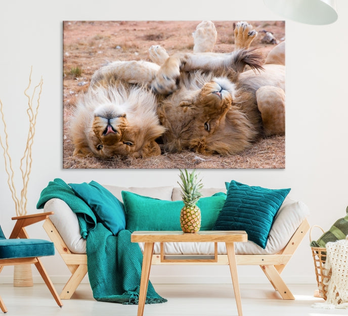 Cute Lions on Africa Savannah Framed Canvas Wall Art Giclee Print