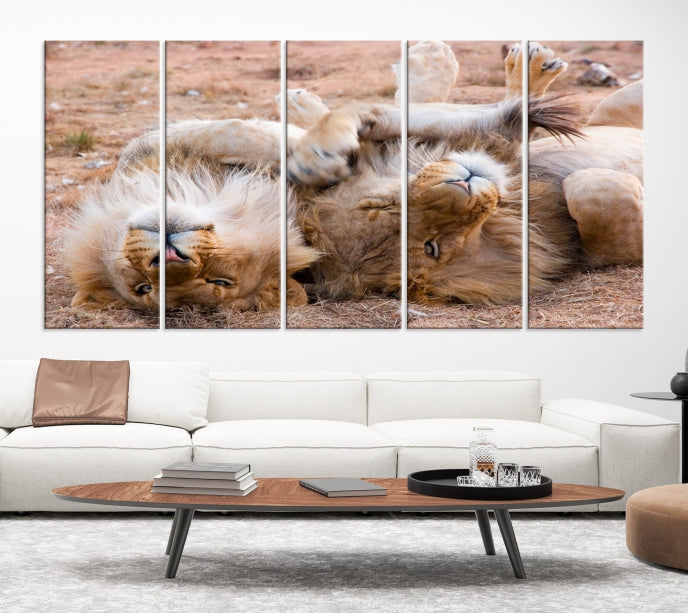 Cute Lions on Africa Savannah Framed Canvas Wall Art Giclee Print