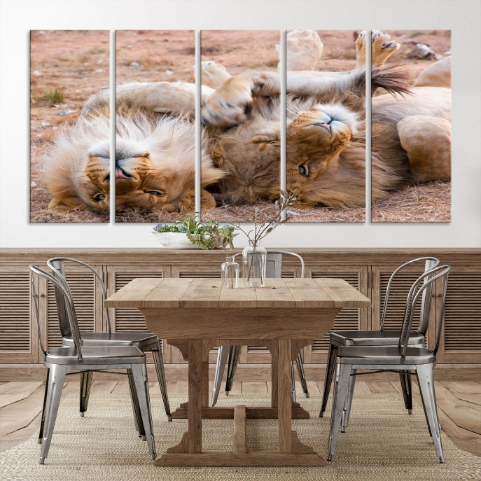 Cute Lions on Africa Savannah Framed Canvas Wall Art Giclee Print