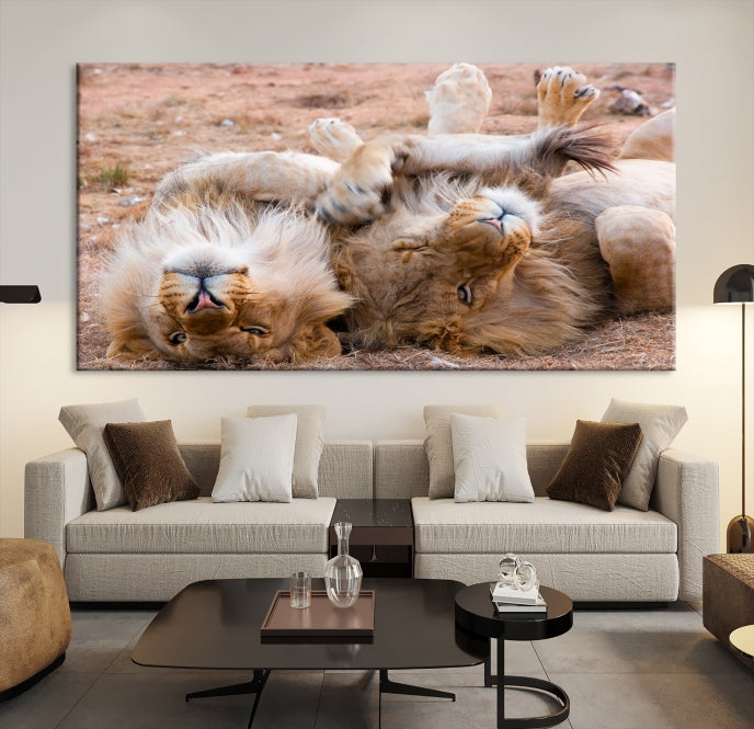 Cute Lions on Africa Savannah Framed Canvas Wall Art Giclee Print