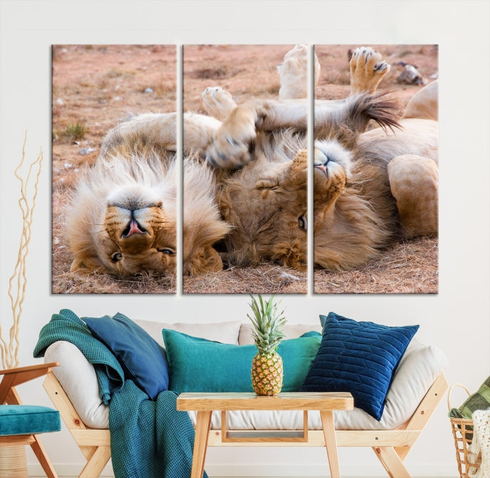 Cute Lions on Africa Savannah Framed Canvas Wall Art Giclee Print