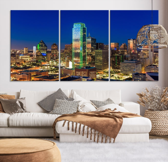 Dallas City Lights Picture Night Skyline Cityscape Wall Art Canvas Print