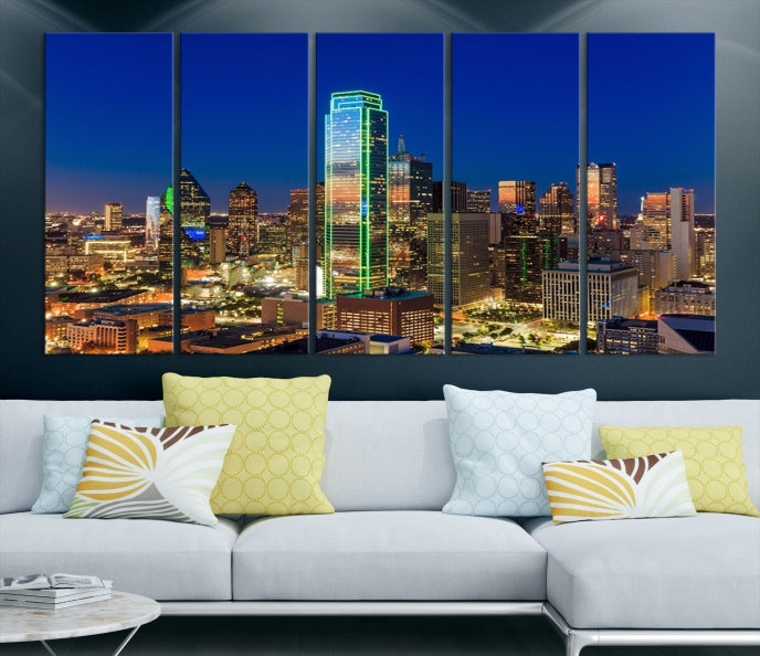 Dallas City Lights Picture Night Skyline Cityscape Wall Art Canvas Print