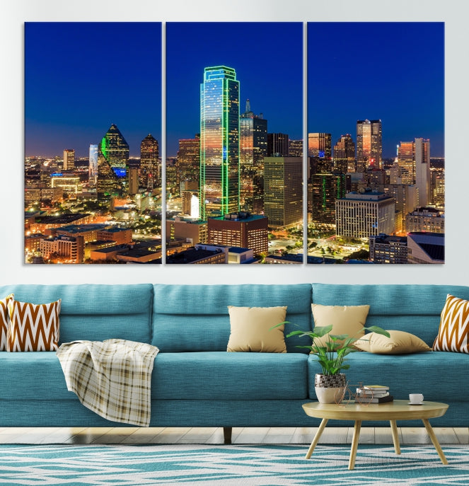 Dallas City Lights Picture Night Skyline Cityscape Wall Art Canvas Print