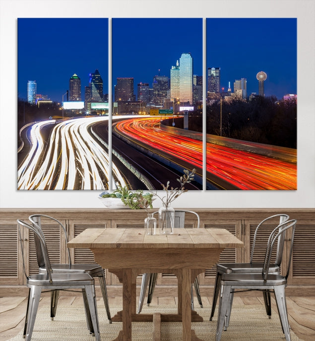 Dallas City Street Lights Night Skyline Art Cityscape Picture Print on Canvas