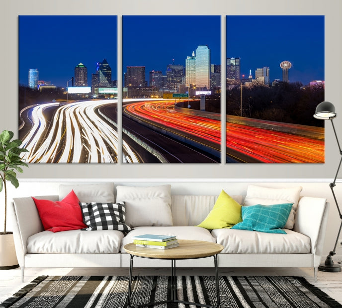 Dallas City Street Lights Night Skyline Art Cityscape Picture Print on Canvas