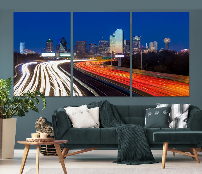 Dallas City Street Lights Night Skyline Art Cityscape Picture Print on Canvas