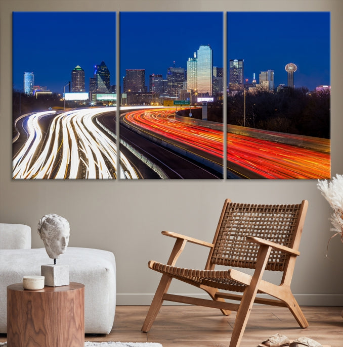 Dallas City Street Lights Night Skyline Art Cityscape Picture Print on Canvas