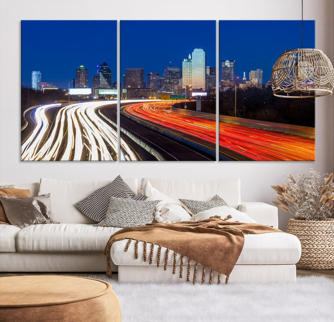 Dallas City Street Lights Night Skyline Art Cityscape Picture Print on Canvas