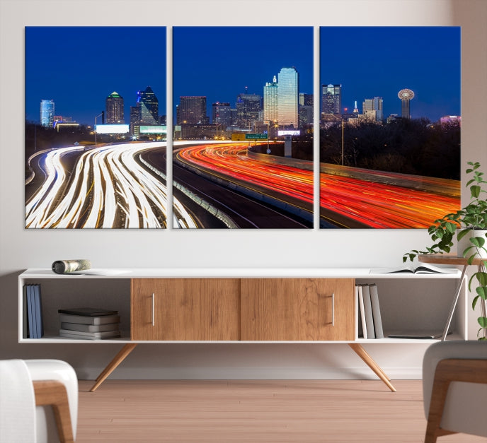 Dallas City Street Lights Night Skyline Art Cityscape Picture Print on Canvas