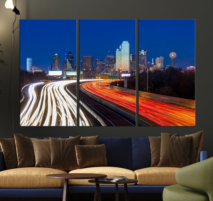 Dallas City Street Lights Night Skyline Art Cityscape Picture Print on Canvas