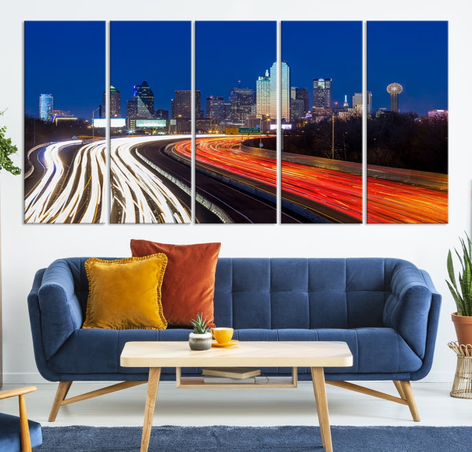 Dallas City Street Lights Night Skyline Art Cityscape Picture Print on Canvas