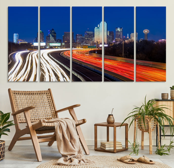 Dallas City Street Lights Night Skyline Art Cityscape Picture Print on Canvas