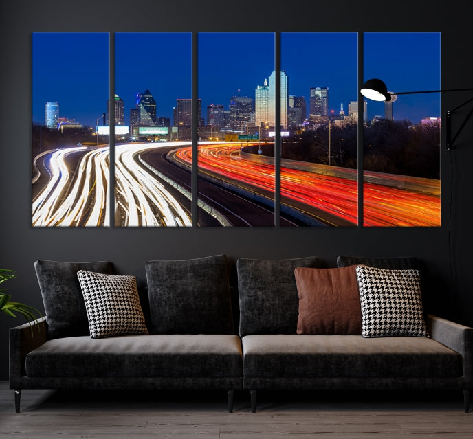 Dallas City Street Lights Night Skyline Art Cityscape Picture Print on Canvas