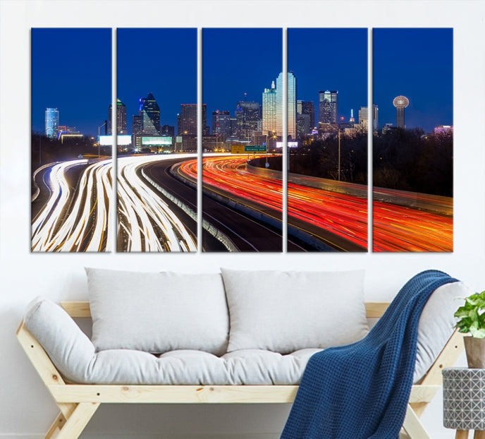 Dallas City Street Lights Night Skyline Art Cityscape Picture Print on Canvas