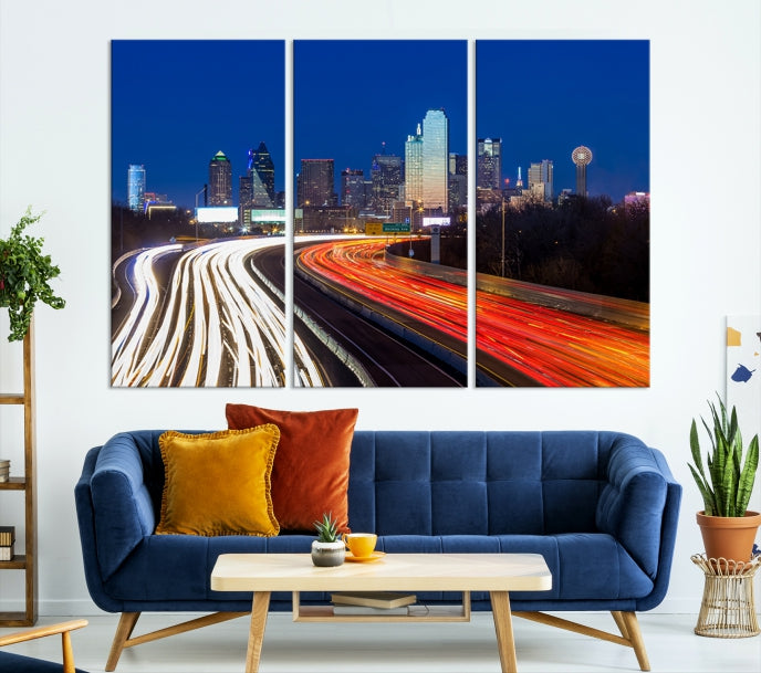 Dallas City Street Lights Night Skyline Art Cityscape Picture Print on Canvas