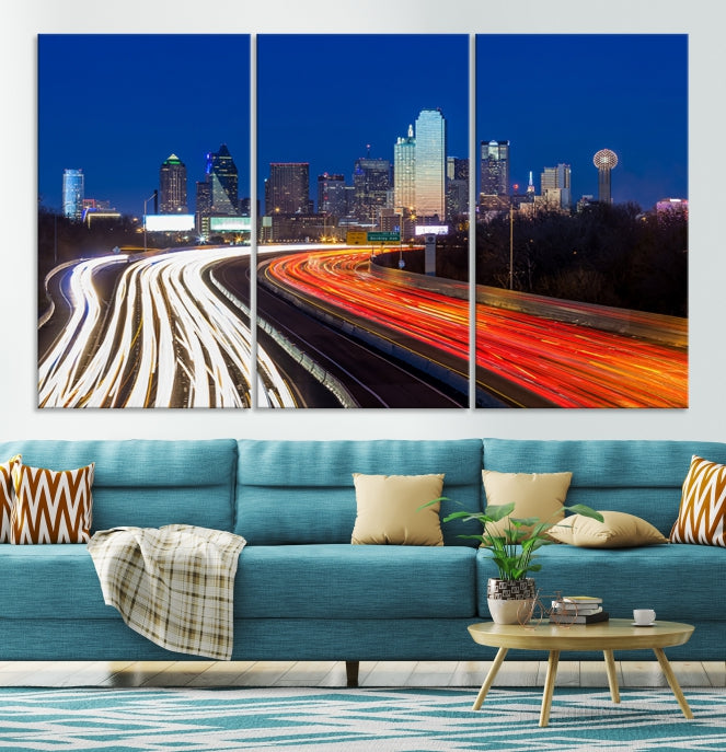 Dallas City Street Lights Night Skyline Art Cityscape Picture Print on Canvas